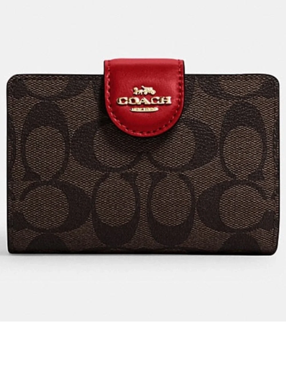 Coach Wallet Bi-Fold Signature canvas Leather L-Zip Brown Red C0082 - like New